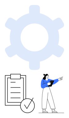 Dişlileri sembolize eden sistemler, işaretli kontrol listesi, kadın profesyonel tutucu tablet. Çalışma akışı, üretkenlik, organizasyon, görev yönetimi, süreç optimizasyonu ve planlama için ideal