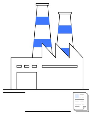 İki baca ve mavi aksanlı fabrika, düzenlemeleri, planlamayı ve üretimi sembolize eden kağıtların yanında. Endüstriyel büyüme, üretim, uyum, iş akışı, düzenleme için ideal