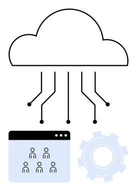 Bağlı hatları olan bulut, kullanıcı arayüzü paneli, dişli simgesi. Veri paylaşımı, takım çalışması, bulut depolama, bilişim çözümleri, ağ geliştirme dijital araçları için idealdir. Soyut çizgi düz metafor