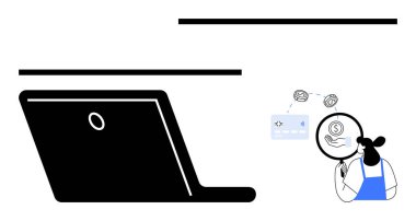 Önlüklü bir kadın elinde büyüteçle dizüstü bilgisayardaki işlemleri ve para ikonlarını analiz ediyor. Finans, güvenlik, e-ticaret, analiz, dijital ödemeler için ideal