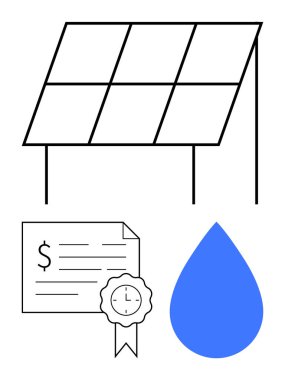Finansal bir belgenin üzerinde mavi bir su damlası ve mühür bulunan güneş paneli kurulumu. Sürdürülebilirlik, yeşil yatırım, yenilenebilir enerji, çevre koruma, çevre dostu