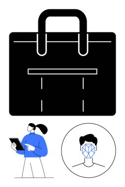 Büyük siyah bir çanta, mavi elbiseli bir kadın tabletteki verileri analiz ediyor, dijital yüz tanıma ikonu. İş, teknoloji, güvenlik, yapay zeka, profesyonellik, meslekler için ideal düz çizgi metaforu