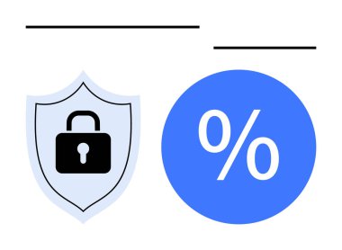 Mavi yüzde sembolünün yanında kilit simgesi olan bir kalkan. Siber güvenlik, veri koruması, şifreleme, finansal analiz, çevrimiçi mahremiyet, ağ güvenliği ve risk yönetimi için ideal. Soyut çizgi