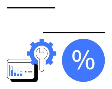 Dişliler ve ingiliz anahtarı, belirgin bir yüzde işaretiyle grafikleri gösteren tabletin yanındaki araç ve ayarları sembolize eder. İş analizi, optimizasyon, performans ölçümleri, finansal analiz için ideal