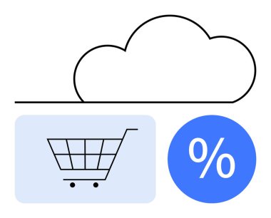 Alışveriş arabası, bulut ve yüzdelik ikonlar bulut tabanlı e-ticaret, dijital işlemler ve çevrimiçi indirimler. E-ticaret için ideal, çevrimiçi alışveriş, dijital pazarlama, satış promosyonu