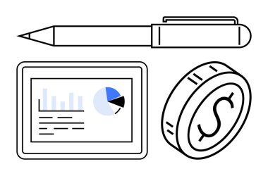 Dolar işareti, kalem, tablet vitrinli bar ve turta grafikli sikke. Finans, bütçe, veri analizi, iş stratejisi, yatırım, muhasebe ve soyut düz çizgi metaforu için ideal