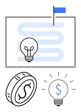 Dolar işaretli ampul, bozuk para, minimalist tarzda bayrağa giden yol. Finans, yenilik, hedefler, yatırım, strateji girişimciliği için idealdir. Soyut çizgi düz metafor