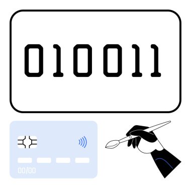 Çift haneli rakamlar, NFC sinyalli kredi kartı çipi, minimalist tasarım üzerinde robotik el fırçası. Teknoloji, güvenlik, yaratıcı yapay zeka, fintech, kodlama, inovasyon soyut çizgi için ideal