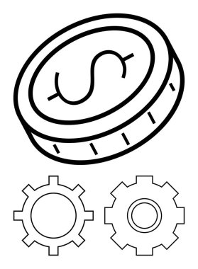 Dolar parası ve iki vites şekilleri para, endüstri, işbirliği, verimlilik ve sistem dinamiğini sembolize eder. İş, finans, ekonomi, takım çalışması yeniliği ve strateji kavramları için ideal