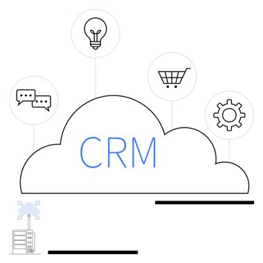 Merkezi bulut, mesajlaşma, fikirler, alışveriş arabaları ve vitesler için simgeleri birleştiren CRM etiketli. İş, teknoloji, iletişim, e-ticaret, yenilikçi otomasyon soyut çizgisi için ideal