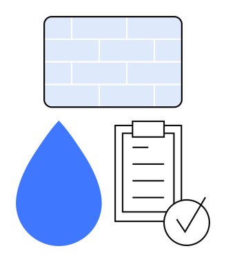 Mavi su damlası, açık mavi tuğla duvar, kontrol listesi ve minimal stil. Güvenlik, inşaat, bakım, teftiş, kalite güvencesi, sürdürülebilirlik soyut hattı için ideal