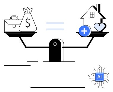 Evdeki, sağlıktaki ve kalp ikonlarındaki dolar çantasıyla dengeyi sağlıyor. Alt köşedeki yapay zeka devresi teknolojik etkiyi simgeliyor. Finans, iş hayatı dengesi ve öncelikler için ideal