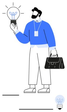 Profesyonel bir iş adamı elinde parlak bir ampul, elinde bir çanta. Yaratıcılık, liderlik, yenilik, girişimcilik, sorun çözme, eğitim ve soyut düz çizgi metaforu için ideal