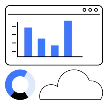 Tarayıcı penceresi, çörek grafiği ve bulut sembolü içinde çubuk grafik. Veri analizi, iş büyümesi, bulut hesaplaması, web analizleri, teknoloji sunumları, mali raporlar ve dijital
