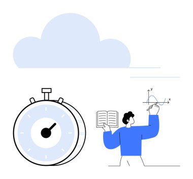 Kronometre, bulut simgesi ve insan çizimi verimliliği, veri analizini ve zaman optimizasyonunu temsil ediyor. Üretkenlik, araştırma, planlama, teknoloji öğrenme soyut çizgiyi tahmin etmek için ideal