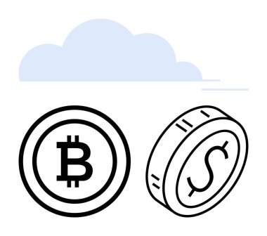 Bitcoin and dollar coins, minimal line art, floating under a cloud. Ideal for blockchain, crypto economy, fintech, online commerce, digital assets, cloud storage abstract line flat metaphor clipart