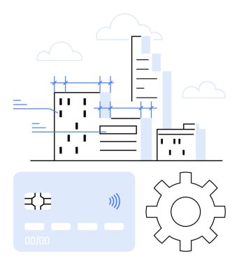 Şablon çizgileri, vites simgesi ve temassız ödeme kartıyla inşaat halindeki gökdelenler. Mimarlık, kentsel planlama, fintech, akıllı şehirler, mühendislik ve yenilik için ideal
