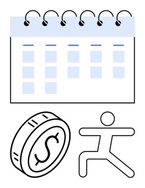 Spiral bağlayıcı takvim, parayı sembolize eden dolar para ve hedefleri ima eden insan figürü. Bütçeleme, zaman yönetimi, üretkenlik, fitness, teslim tarihleri, finansal planlama soyut çizgisi için ideal