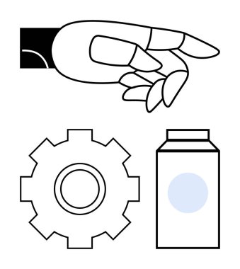 Robotic hand reaching out near a gear and container. Ideal for automation, AI, robotics, engineering, innovation, manufacturing, and futuristic tech concepts. Abstract line flat metaphor clipart