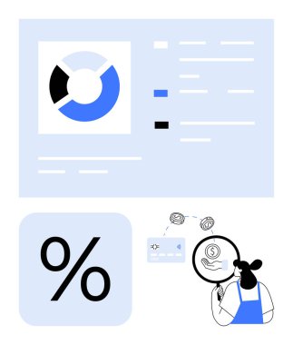 Büyüteç, kredi kartı, döviz sembolleri, ayrıntılı pasta grafiği olan bir iş adamı. Mali analiz, veri sunumu, istatistik, çevrimiçi bankacılık, döviz kuru yatırımı için ideal