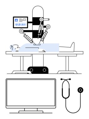 Tıbbi robot kollu bir hasta, hayati belirtileri gösteren monitör, büyük ekran ve stetoskop kullanıyor. Sağlık, tıbbi yenilik, ameliyat teknolojisi ve hasta bakımı için ideal