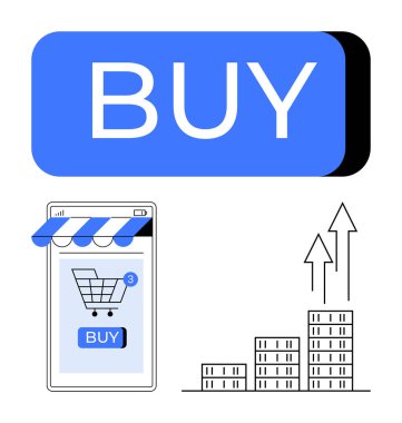 Mobil vitrin ekranı, alışveriş arabası ve tebligat, kalın satın alma tuşu, büyüme gösteren çubuk grafiği. E-ticaret, çevrimiçi satışlar, uygulamalar, finans, yenilik, büyüme soyut çizgisi için ideal