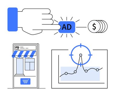 El tıklama düğmesi, ödemeyi temsil eden madeni paralar, mağaza önü tasarımı ve analitik hedef grafiği. Pazarlama, e-ticaret, reklam stratejileri, iş başarısı, kampanya planlaması için ideal