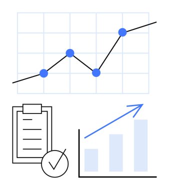 Mavi noktalı çizgi grafiği, yukarı doğru oklu bar grafiği, işaretli kontrol listesi. Ticari büyüme, istatistik, planlama, değerlendirme, raporlar, araştırma soyut çizgisi düz metaforu için ideal