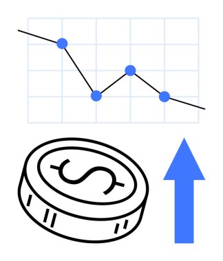 Aşağı doğru eğilimli çizgi grafiği, dolar işaretli bozuk para ve yukarı doğru mavi ok. Mali analiz, ekonomik büyüme, pazar eğilimleri, yatırım, iş performansı, kar optimizasyon verileri için ideal