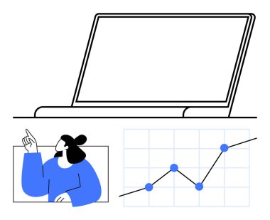 Yukarıya bakan bir kadının üstündeki dizüstü bilgisayar ekranı ve yükselen bir çizgi grafiği. İş analizleri, çevrimiçi öğrenme, veri büyümesi, sunumlar, sanal toplantılar, planlama, soyut düz çizgi