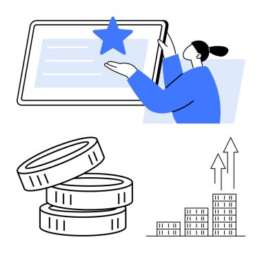 Dokunmatik ekranda bir yıldıza uzanan kadın, madeni gelişimini temsil eden madeni para yığını ve yükselen iş eğilimleri grafiği. Finans, başarı, hedefler, yatırımlar, iş büyümesi için ideal