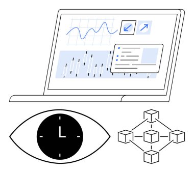 Laptop screen shows charts, blockchain network and task management. Eye with clock represents time monitoring. Ideal for data analysis, time tracking, blockchain tech, project planning, productivity clipart