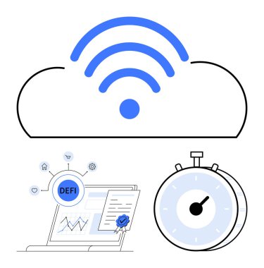 Laptopta kablosuz, merkezi olmayan DeFi şeması ve kronometre olan bir bulut sembolü. Fintech, teknoloji, engelleme zinciri, zaman yönetimi, dijital ekosistemler, finansal yenilik soyut