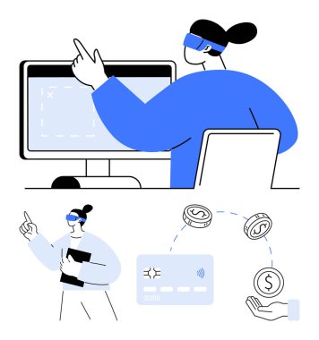 İş adamı VR kulaklık takıyor, bilgisayar kullanıyor, kredi kartı ve sikkelerle finansal işlemler yapıyor. Çevrimiçi bankacılık, finans, teknoloji, sanal gerçeklik, iş, işlemler için ideal