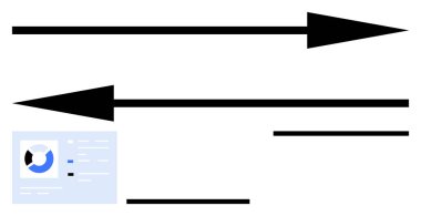 Veri gösterge paneli tasarım elementi ile zıt yönleri gösteren farklı boyutlarda siyah oklar. Veri akışı, iş stratejisi, ilerleme izleme, navigasyon, karar verme, verimlilik için ideal