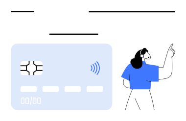 Çipli kredi kartı ve yükselen bir kişinin yanında irtibatsız sembol. Finans, bankacılık, teknoloji, dijital güvenlik, e-ticaret, mobil ödeme, soyut kavramlar için ideal