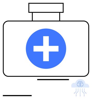 Mavi haç sembollü beyaz ilk yardım kutusu, minimum tasarım ve devre çizgileri olan bulut. Sağlık hizmetleri, teknoloji, teletıp, acil durumlar, tıbbi yapay zeka, yenilikler için idealdir.