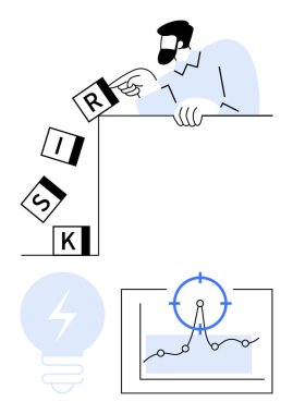 Man pushes risk blocks tipping over a boundary. Includes a graph, target focus, and bright idea. Ideal for decision-making, problem-solving, innovation, leadership, strategy growth abstract line clipart