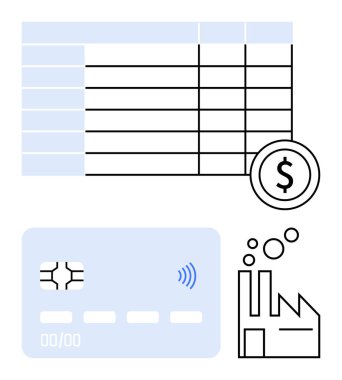Hesap tablosu, dolar para simgesi, temassız simgesi olan kredi kartı ve fabrika tasarımı. Finans, endüstri, ekonomi, bütçe, veri üretimi ve soyut çizgi düz metaforu için ideal