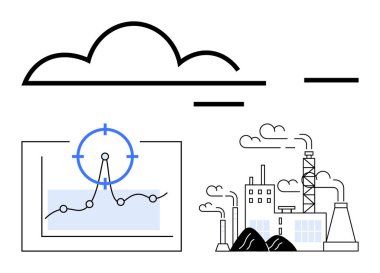 Duman bacaları ve veri grafiği emisyon analiziyle endüstriyel tesisin üzerinde bulut. Çevresel izleme, endüstriyel etki, iklim hareketi, veri eğilimleri, sürdürülebilirlik için ideal