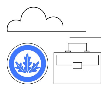 Cloud, circular leaf emblem, and briefcase highlight themes of sustainability, eco-friendly practices, business development, corporate responsibility, innovation, global reach, abstract line flat clipart