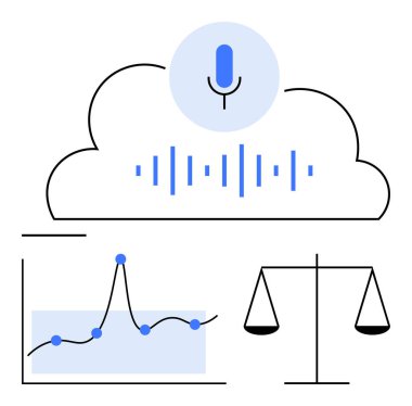 Mikrofon ses dalgalı bulut ses analiz teknolojisi ve dengeyi temsil eden grafikler ve ölçekler. Teknoloji, yapay zeka, büyük veri, analitik, adalet, bulut hesaplama, dijital etik için ideal. Çizgi