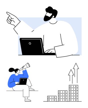 Adam dizüstü bilgisayardaki verilere bakıyor, kadın teleskop kullanıyor, ve yukarı doğru büyüme grafikleri. Takım çalışması, iş planlaması, büyüme, yenilik, liderlik, vizyon soyut çizgisi için ideal