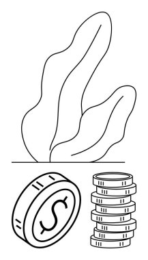 Büyük, soyut bir yaprak ve bozuk para yığını ve bozuk para aksanı. Finansal büyüme, tasarruf, doğa ekonomisi, zenginlik, eko-yatırım, yeşil işletme, modern minimal tasarımlar, soyut düz çizgi