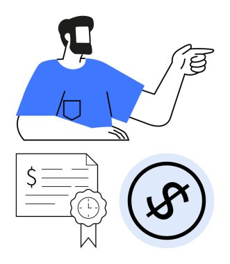 Mavi gömlekli bir adam sağı işaret ediyor, saat rozetli bir sertifikanın yanında ve dairenin içinde bir dolar sembolü var. Finansal hizmetler, eğitim, başarı, parasal ödüller için ideal