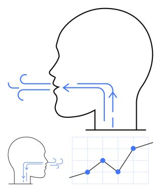 Profil başı ana hatları, konuşmayı sembolize eden hava akışı oklarıyla birlikte, ilerlemeyi gösteren bir veri tablosuyla eşleştirilmiş. İletişim, büyüme, sağlık çalışmaları, veri, eğitim, ilerleme için ideal, soyut çizgi düz