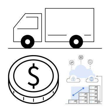 Ulaşım için kamyonet, finans için dolar sikke ve dijital çözümler için veri okları olan bulut deposu. Lojistik, finans, teknoloji, bulut hesaplama ve veri yönetimi için ideal