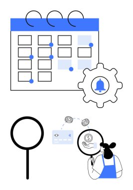Olaylarla takvim, çan, kredi kartı ve para yerine büyüteç, analiz yapan kişi. Üretkenlik, zaman yönetimi, planlama, organizasyon, finansal analiz iş akışı için ideal