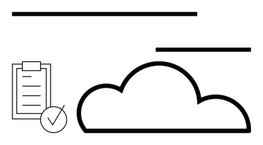 Minimalist kontrol listesi ve işaretli bulut simgesi. Veri depolama, güvenlik, görev yönetimi, dijital organizasyon, üretkenlik araçları, bulut hesaplama, soyut çizgi düz metaforu için ideal