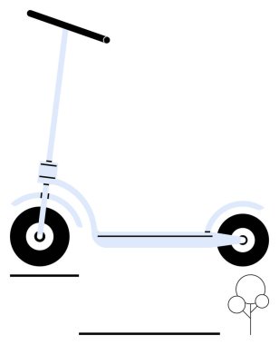 Pürüzsüz çerçeveli scooter ve soyut ağaç elementlerinin yanında minimal tasarım. Kentsel hareketlilik, çevre dostu kavramlar, ulaşım, eğlence, sürdürülebilirlik, modern yaşam ve soyut